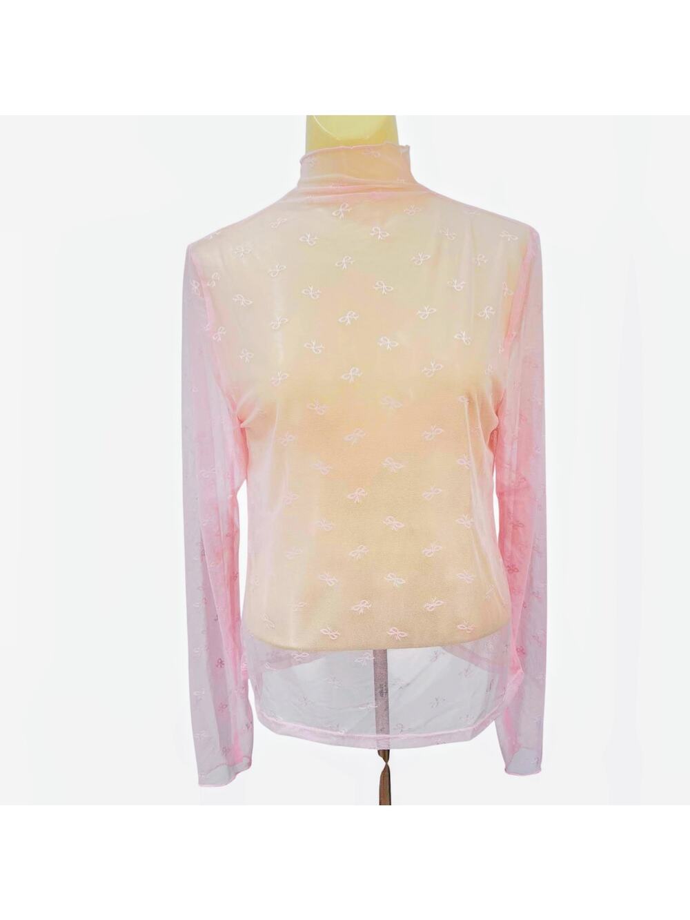 NWT Stretchy Pink Mesh Lace With Embroidered Bows Layering Top By SERRA L